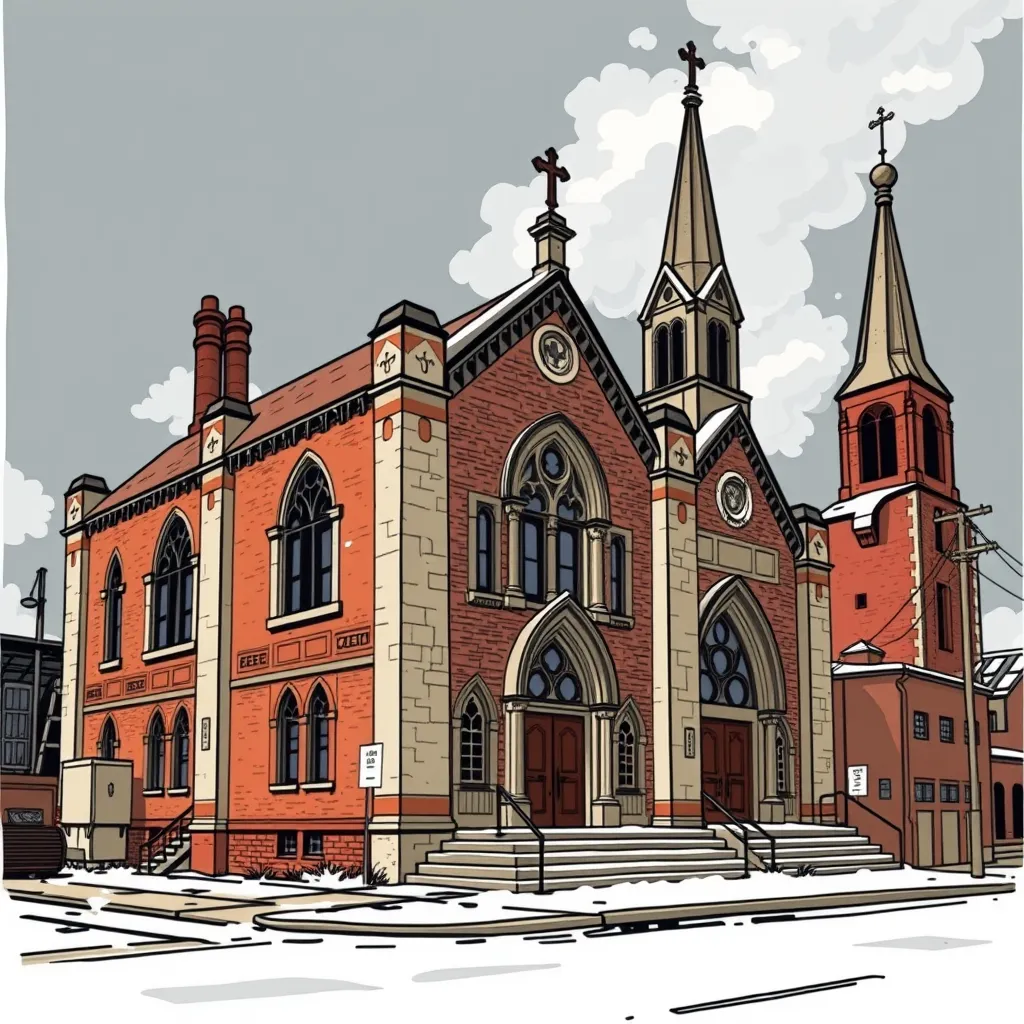An illustrated red-brick immigrant church with three cross-topped spires in a snowy American industrial-belt neighborhood