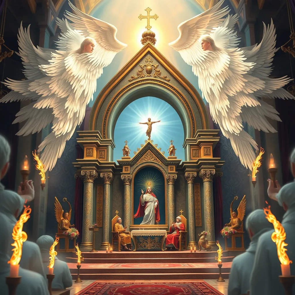 A Byzantine altar surrounded by angels in golden light