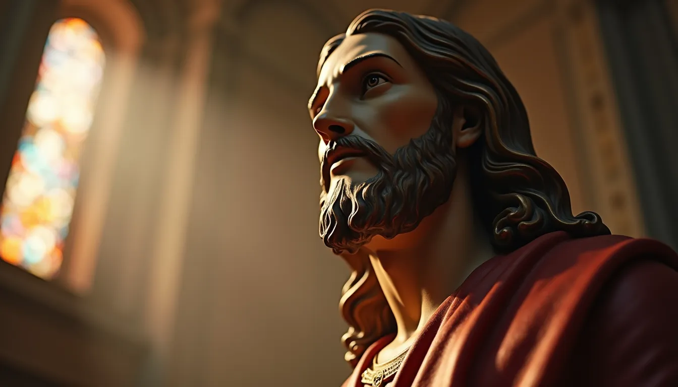A statue of Jesus in a church illuminated by stained-glass light