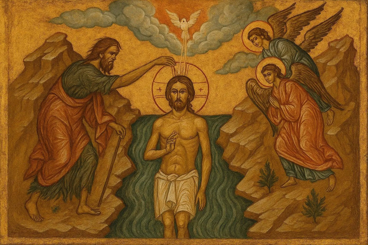 Byzantine icon of the Theophany — Christ standing in the Jordan River as St. John the Baptist touches His head, the Holy Spirit descending as a dove within a shaft of golden light, with two reverent angels on the opposite bank.