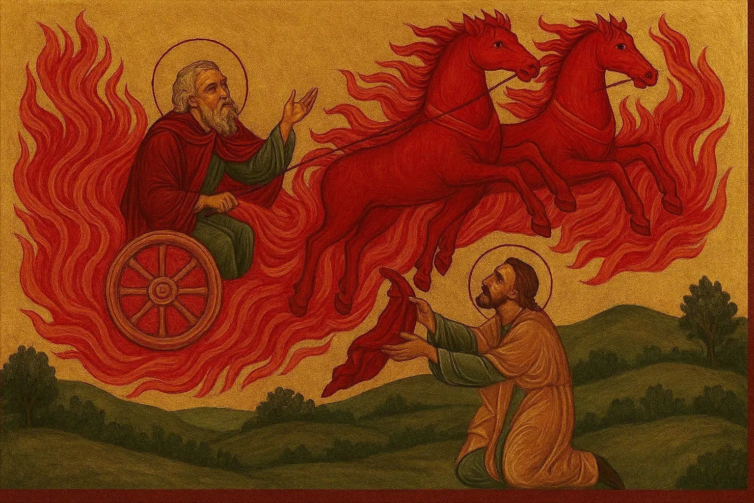 A Byzantine icon of the Prophet Elijah ascending to heaven in a fiery chariot drawn by flaming red horses, dropping his mantle to the prophet Elisha, who kneels on green summer hills below, against a gold background.