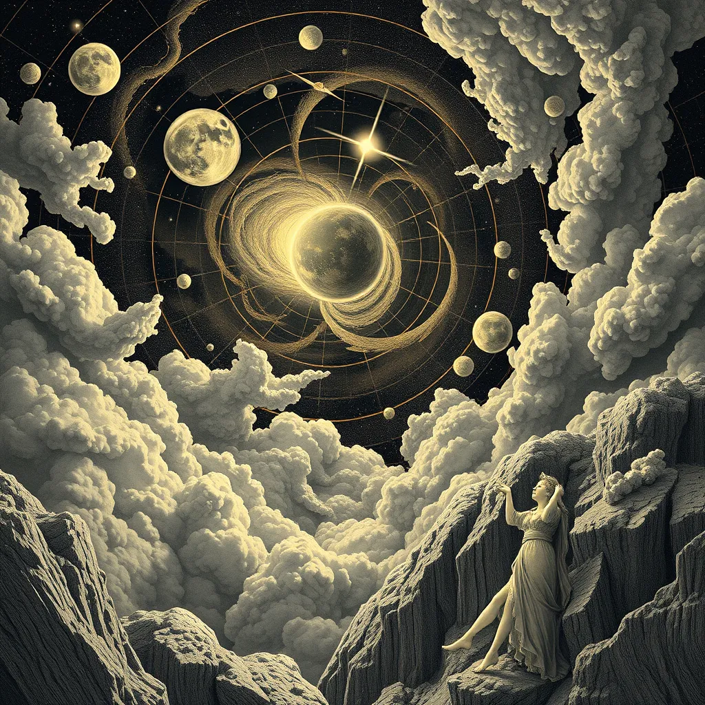 A cosmic allegorical illustration of the heavens — orbiting worlds in concentric rings amid towering clouds, with a small classical figure gazing upward from a rocky outcrop