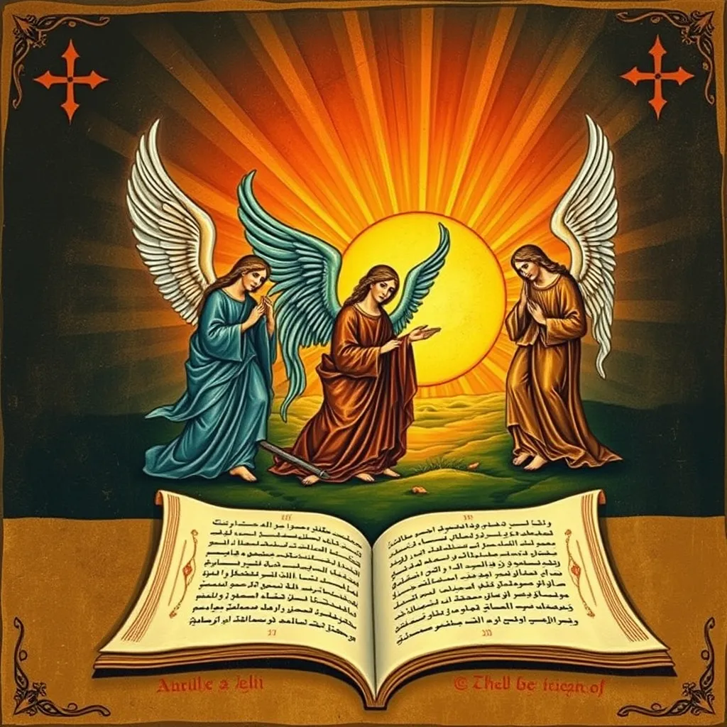 A Byzantine-style icon of three winged angels gathered around a radiant sun above an open book of Scripture