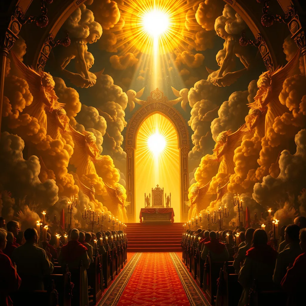 A vision of the heavenly throne room — golden light radiating down through an arched gateway onto a red-carpeted aisle lined with robed worshippers approaching the throne