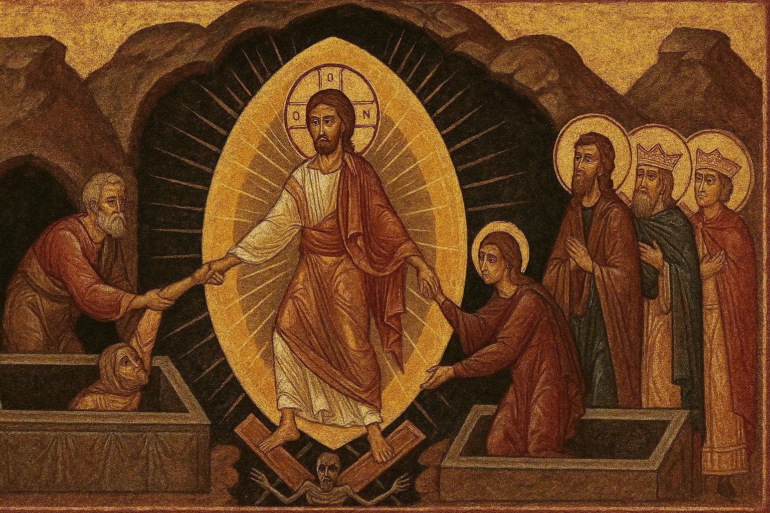 Byzantine icon of the Anastasis — Christ standing in a golden mandorla, pulling Adam and Eve from their stone tombs by the wrists, standing on the shattered gates of Hades with the bound figure of Death beneath His feet, with King David, King Solomon, and John the Baptist as witnesses.