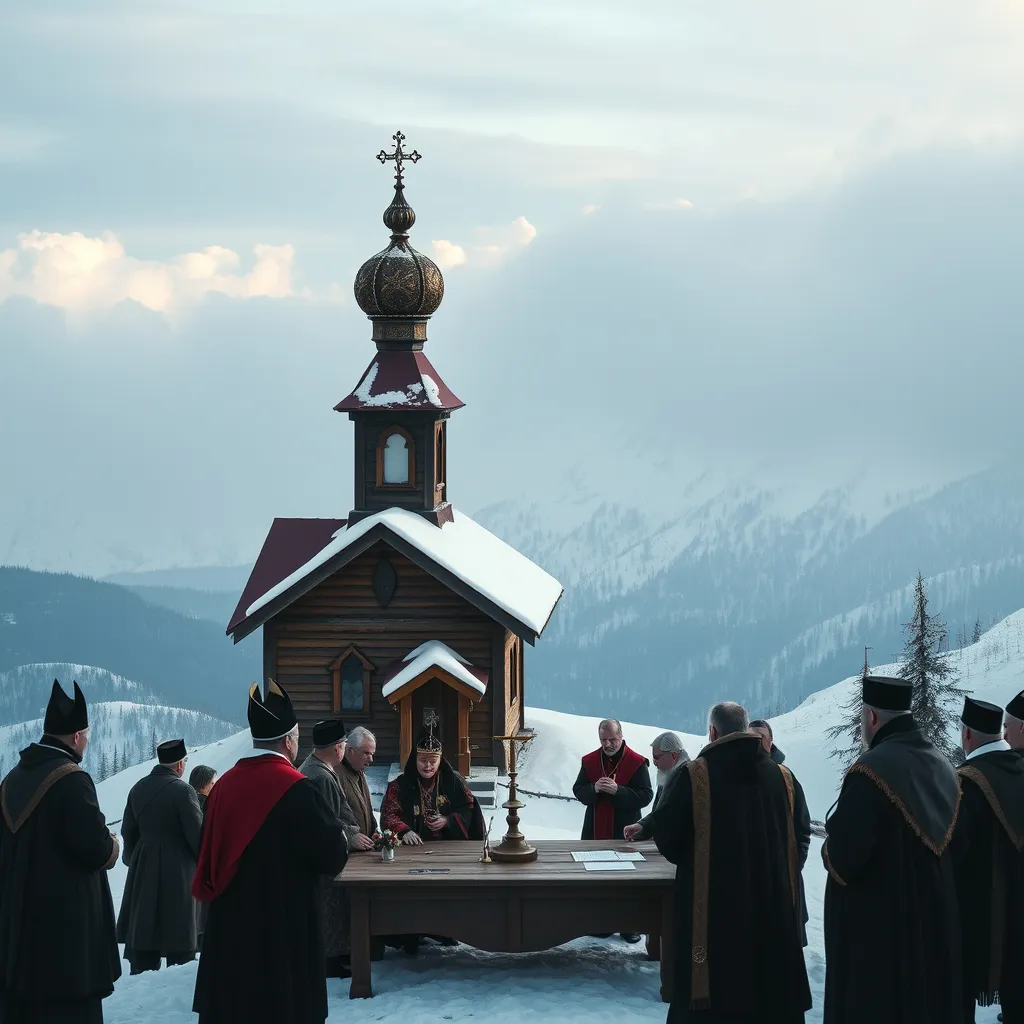 Clergy in black robes and traditional klobuks gathered around a wooden table outside a small Carpathian Byzantine church with an onion dome, framed by snow-covered mountains