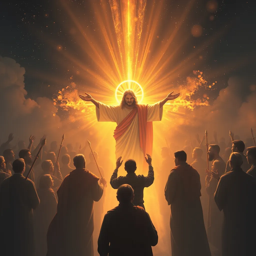 Christ in glory with arms outstretched, golden light radiating outward, with a congregation below lifting their hands and processional candles toward Him