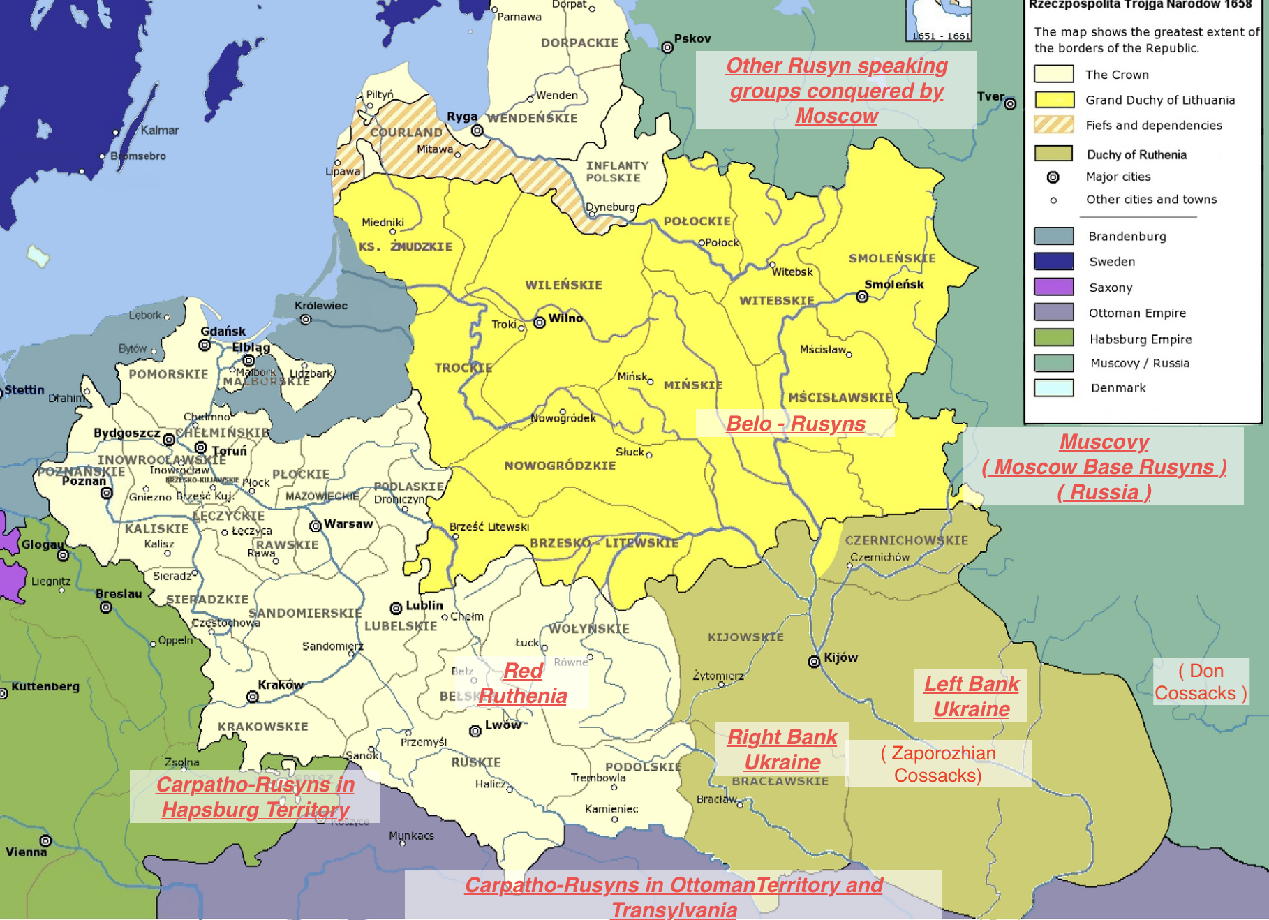 Map of the proposed territorial divisions under the Treaty of Hadiach (1658), with labels showing the various Rusyn and Cossack groups whose lands would have been affected by the proposed tripartite federation of Poland, Lithuania, and a new Cossack principality.