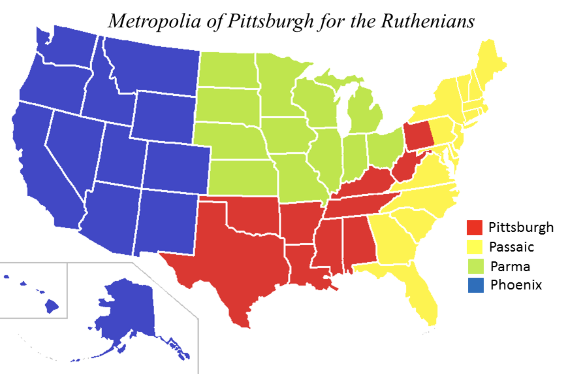 A map of the United States color-coded to show the four eparchies of the Metropolia of Pittsburgh for the Ruthenians: Pittsburgh in red, Passaic in yellow, Parma in green, and Phoenix in blue.